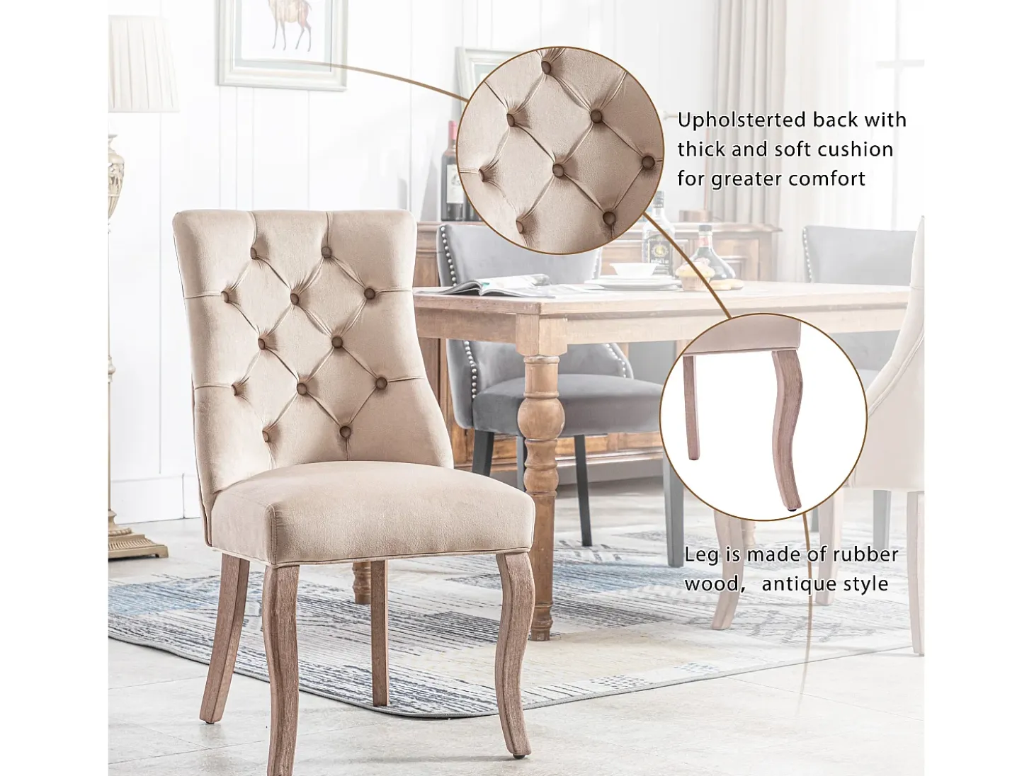Juego de 2 sillas de comedor, respaldo alto, terciopelo beige, clavos decorativos, madera maciza (97 x 51 x 47 cm)