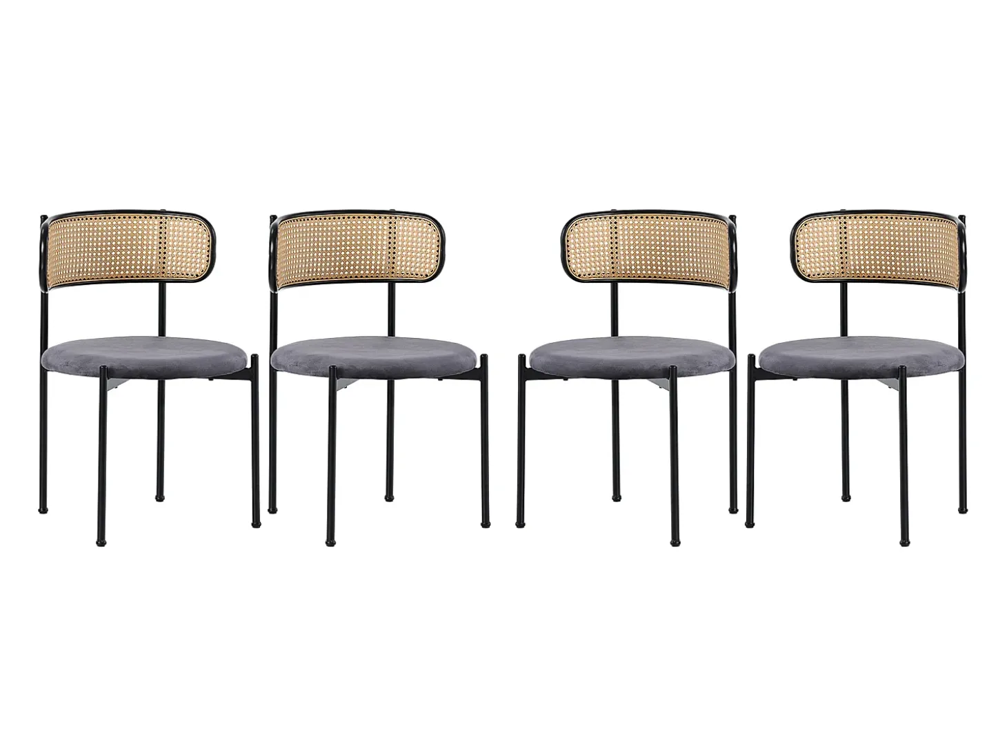Juego de 4 sillas de comedor de terciopelo y ratán con patas de metal - Gris