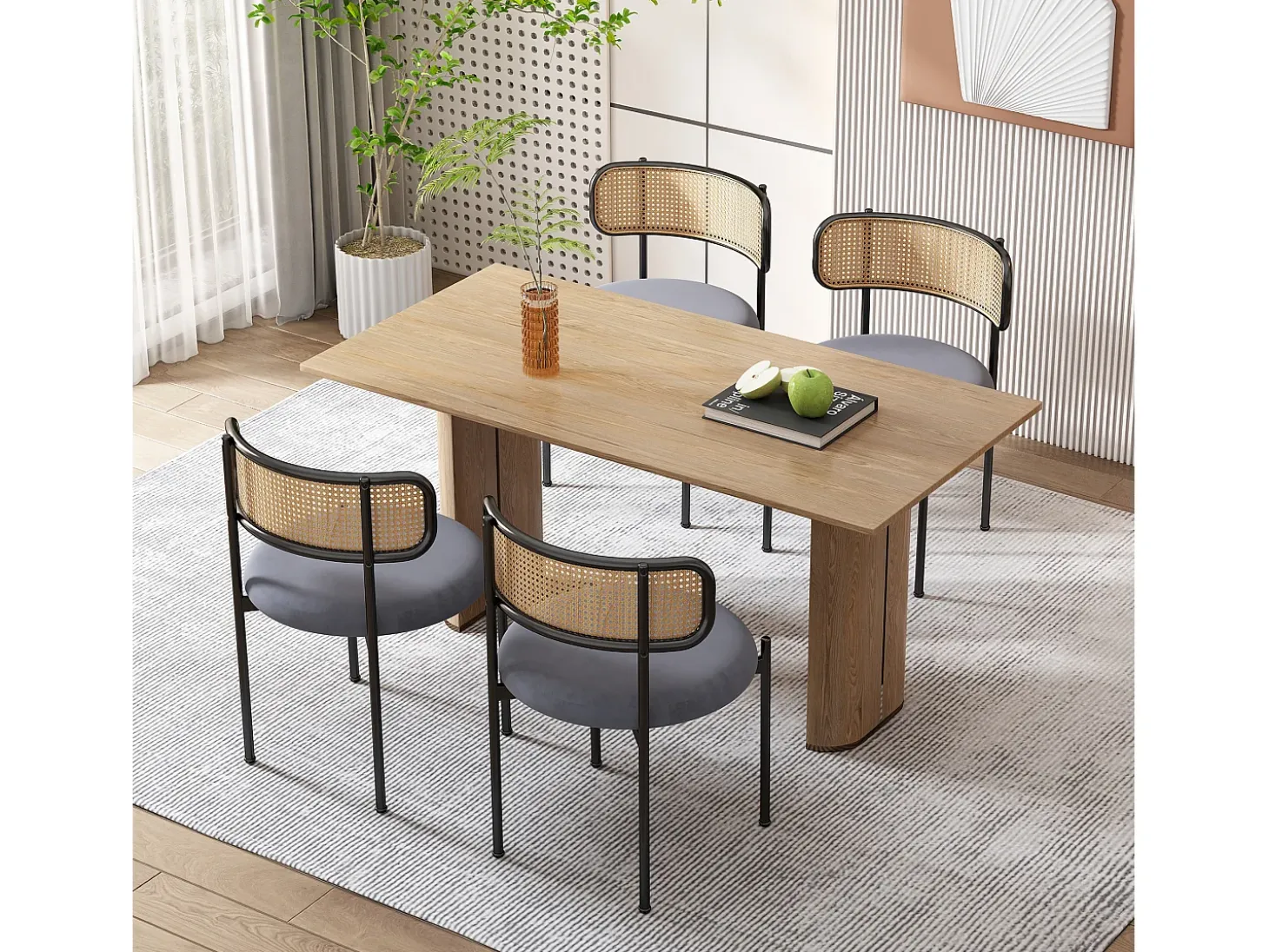 Juego de 4 sillas de comedor de terciopelo y ratán con patas de metal - Gris
