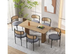 Juego de 4 sillas de comedor de terciopelo y ratán con patas de metal - Gris