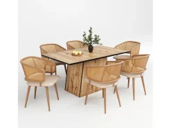 Juego de 2 sillas de comedor con respaldo de ratán y cojín de asiento de piel sintética, cómodas y transpirables.