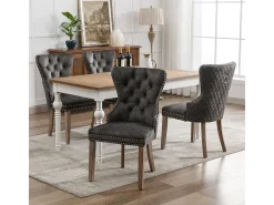Juego de 4 sillas de comedor, silla decorativa tapizada en terciopelo con ribete de tachuelas y patas de madera maciza, color gris.