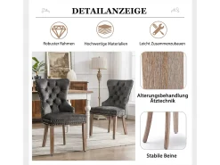 Juego de 4 sillas de comedor, silla decorativa tapizada en terciopelo con ribete de tachuelas y patas de madera maciza, color gris.