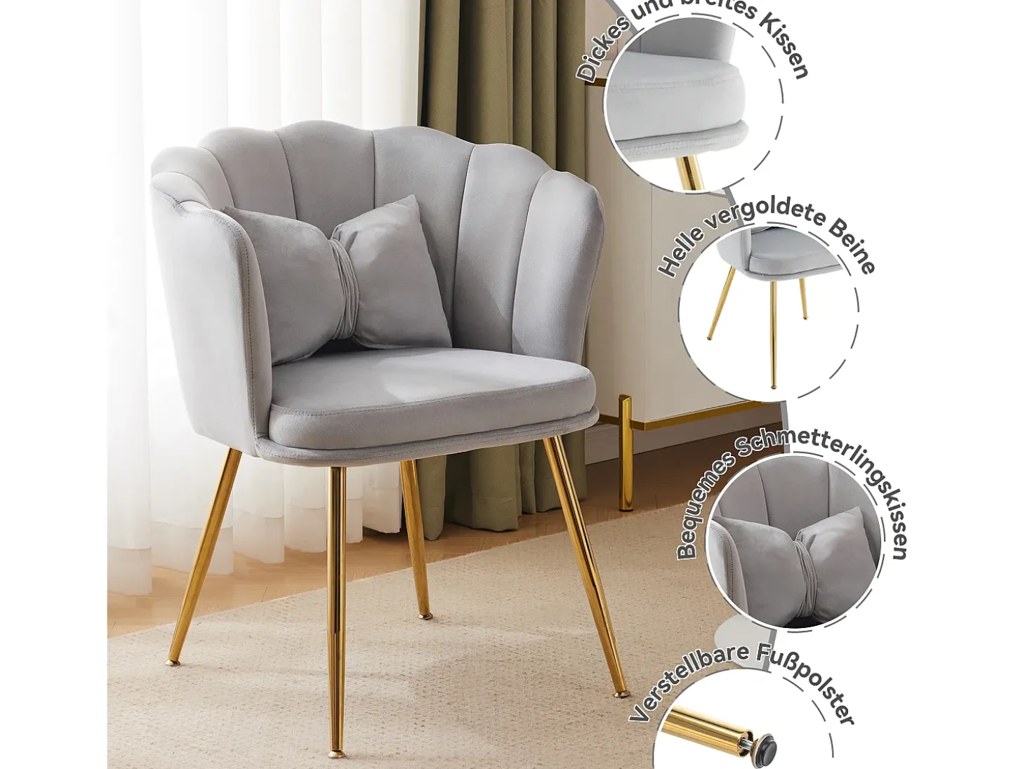 Juego de 2 sillas de comedor de terciopelo - 62 x 54,5 x 77 cm - con respaldo - Patas de metal - Gris