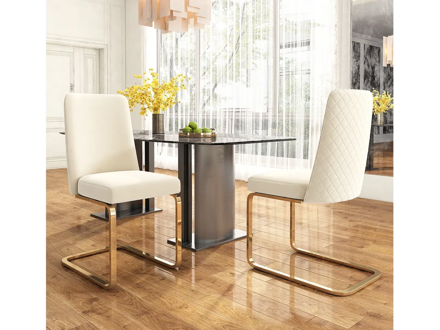 Juego de 2 sillas de comedor - terciopelo beige - con respaldo acolchado y patas de metal dorado