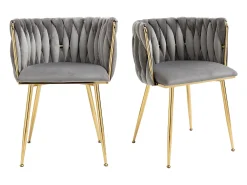 Juego de 2 sillas de comedor con respaldo trenzado y patas de metal dorado - terciopelo gris