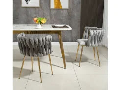 Juego de 2 sillas de comedor con respaldo trenzado y patas de metal dorado - terciopelo gris