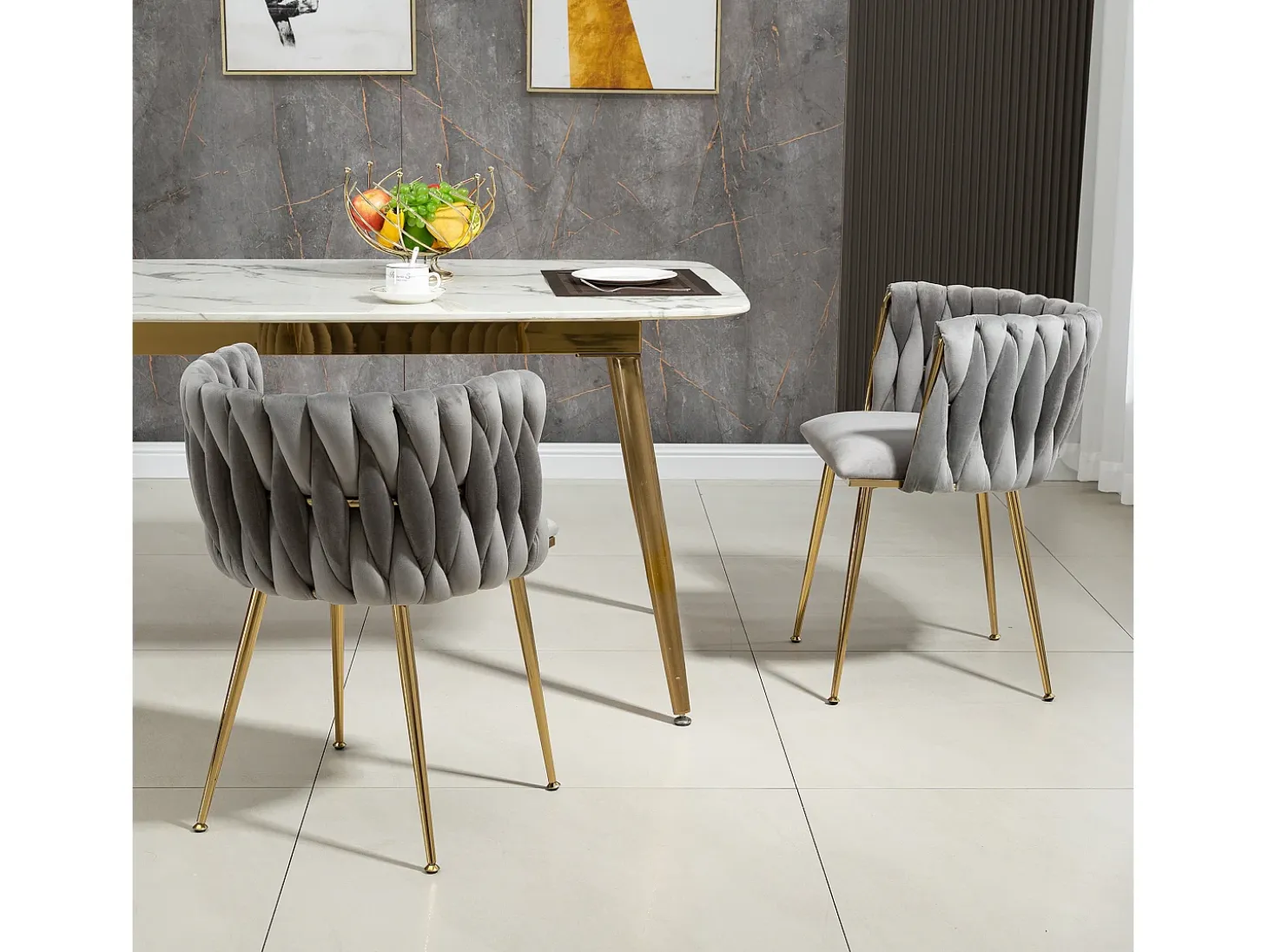 Juego de 2 sillas de comedor con respaldo trenzado y patas de metal dorado - terciopelo gris
