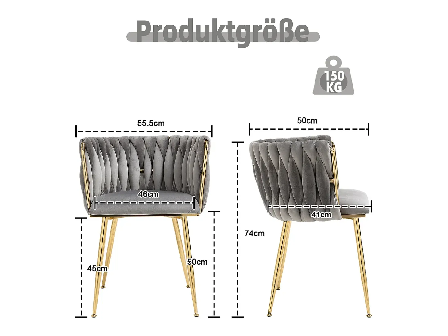 Juego de 2 sillas de comedor con respaldo trenzado y patas de metal dorado - terciopelo gris