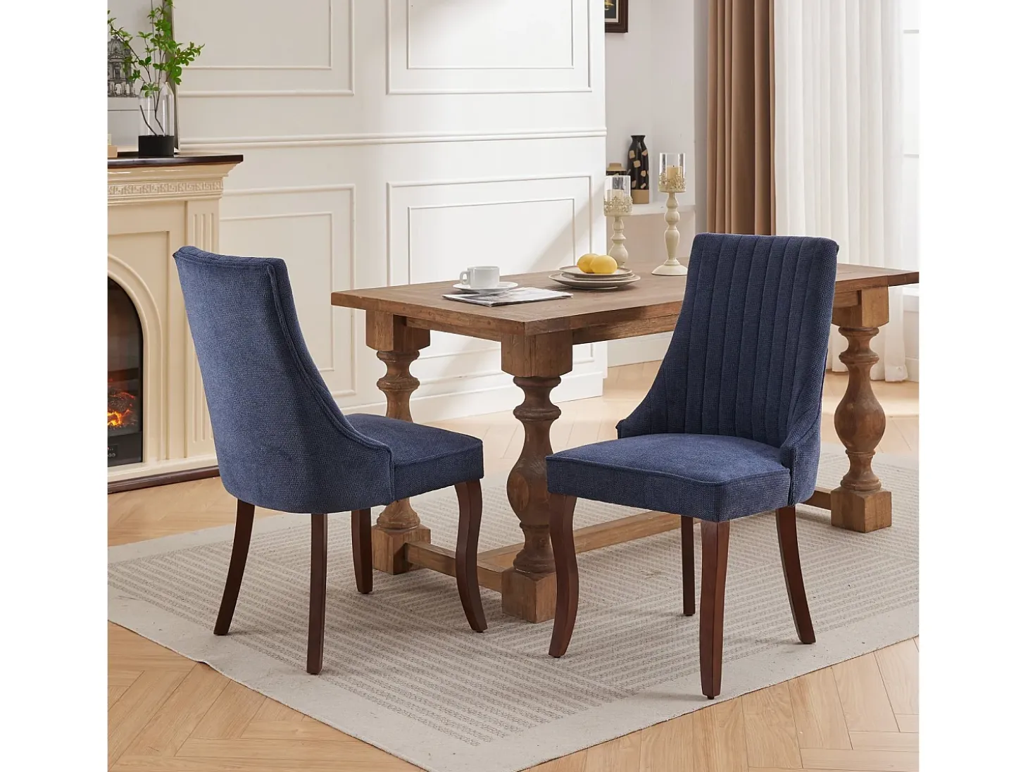 Juego de 2 sillas de comedor con respaldo acolchado y patas de madera - Chenilla azul