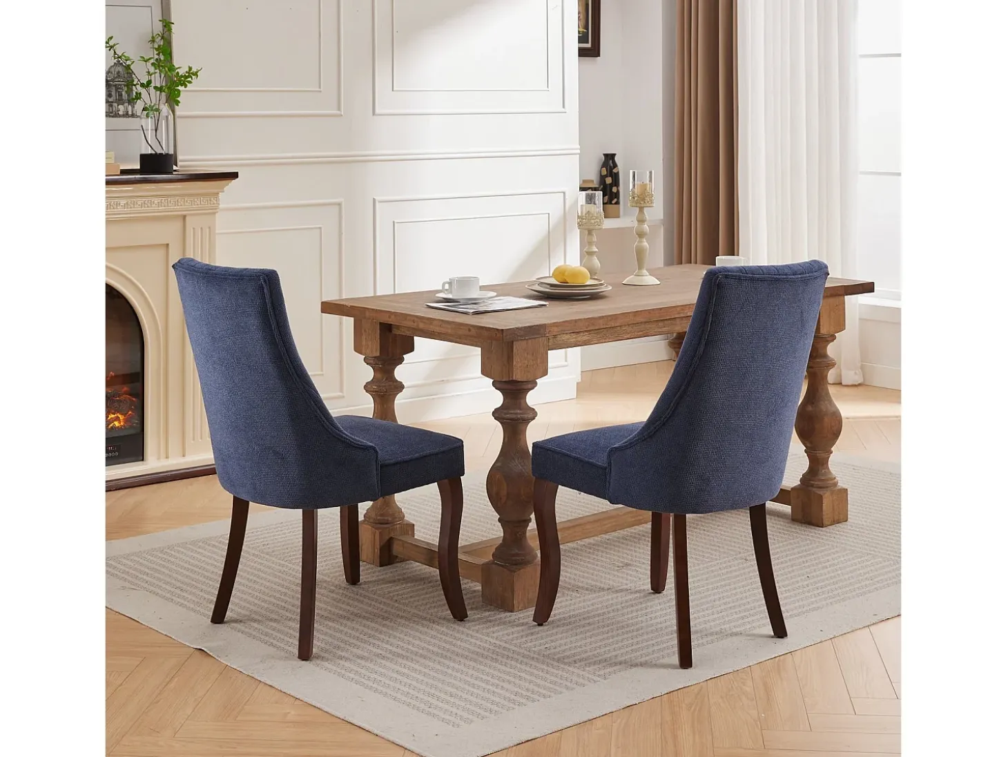 Juego de 2 sillas de comedor con respaldo acolchado y patas de madera - Chenilla azul