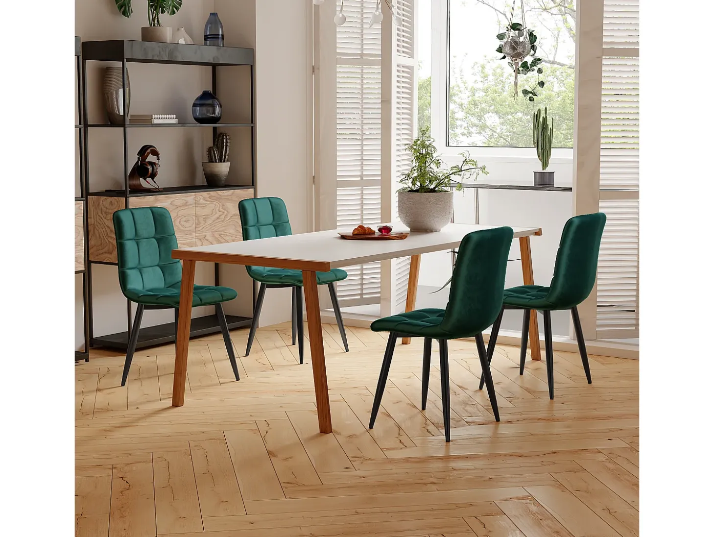 Juego de 4 sillas de comedor de terciopelo verde oscuro, tapizadas, estructura de metal, diseño moderno.