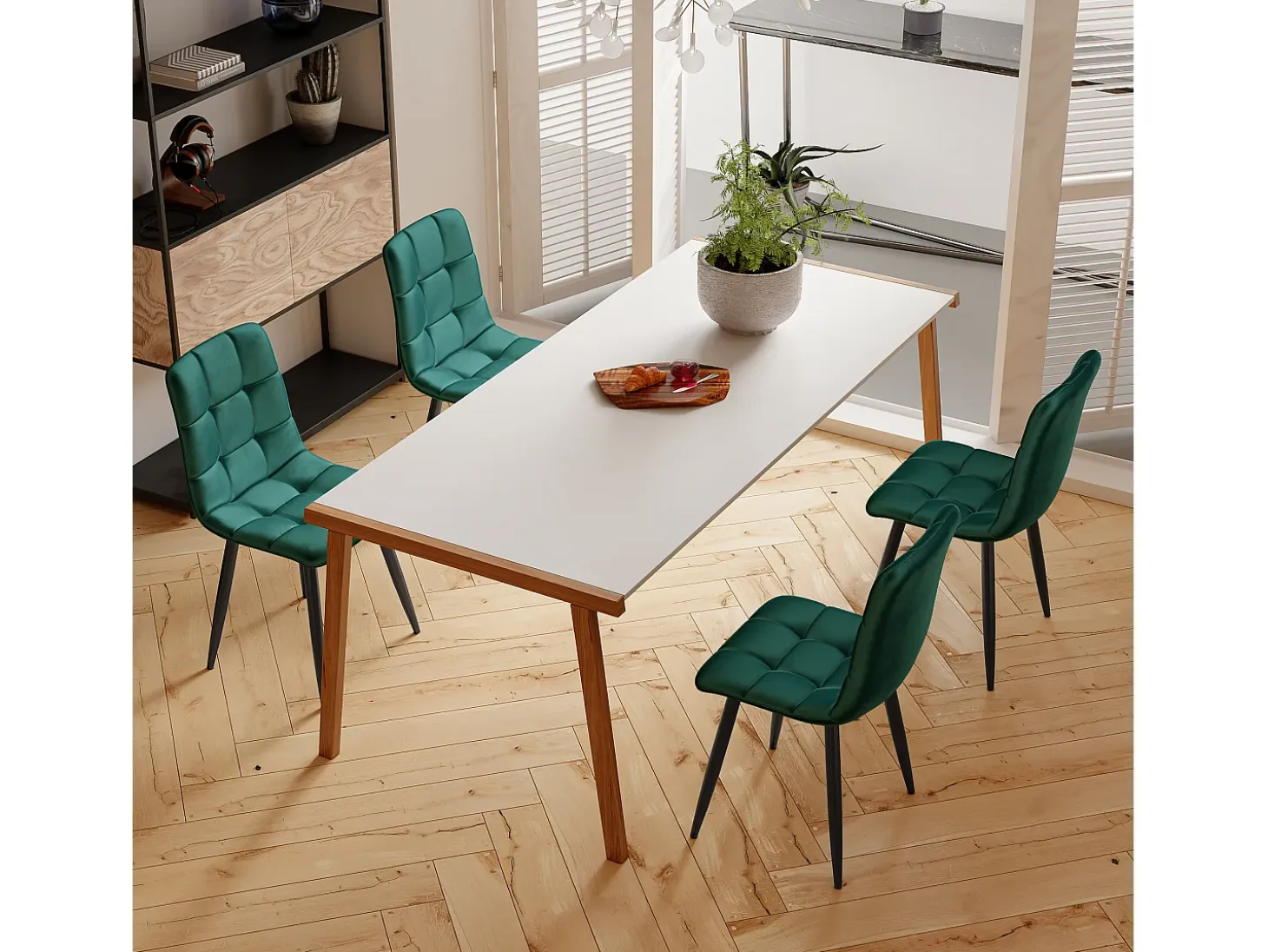 Juego de 4 sillas de comedor de terciopelo verde oscuro, tapizadas, estructura de metal, diseño moderno.