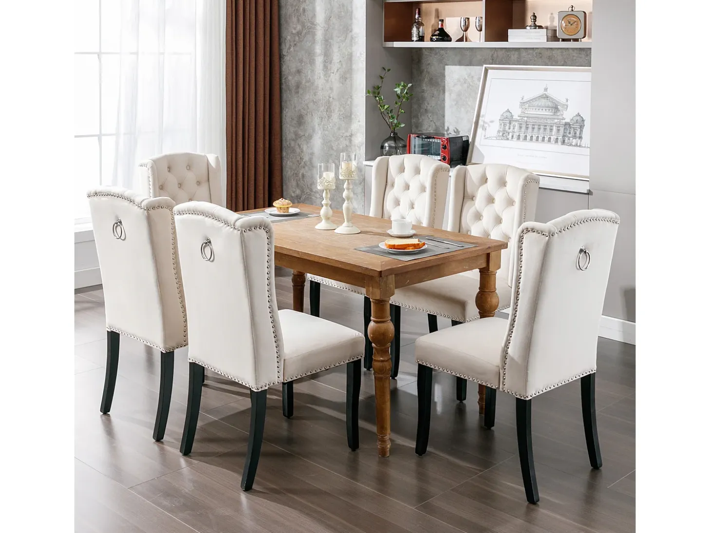 Juego de 4 sillas de comedor de terciopelo, patas de roble, diseño moderno, beige (L 103,68 x An 50,29 x Al 46,36 cm)