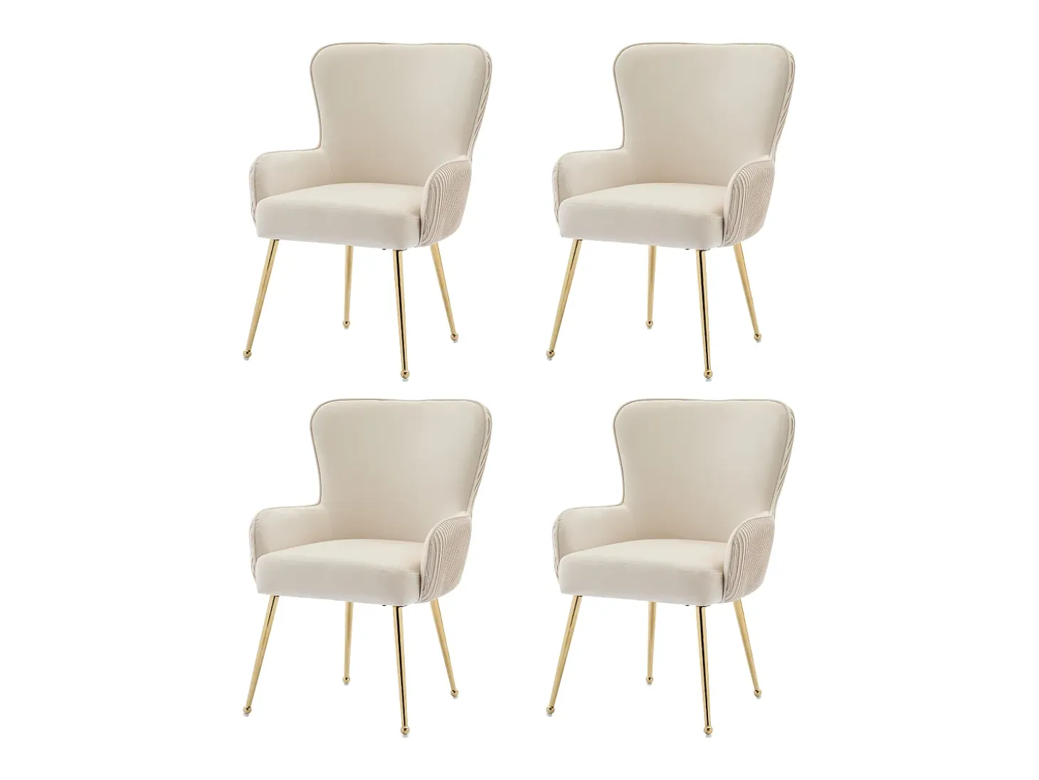 Juego de 4 sillas de comedor de terciopelo beige con reposabrazos, patas de metal dorado, soporte lumbar y patas ajustables (69 x 58,5 x 56 cm)