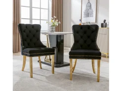 Juego de 2 sillas de comedor - terciopelo negro - Silla tapizada con ribete tachonado y patas de metal dorado