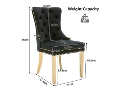 Juego de 2 sillas de comedor - terciopelo negro - Silla tapizada con ribete tachonado y patas de metal dorado