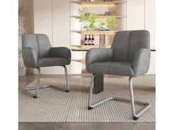 Juego de 2 sillas de comedor - cuero gris - silla con reposabrazos y respaldo - patas de acero arqueadas