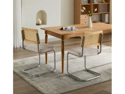 Juego de 2 sillas de comedor – Respaldos de ratán – Asientos tapizados en terciopelo – Beige
