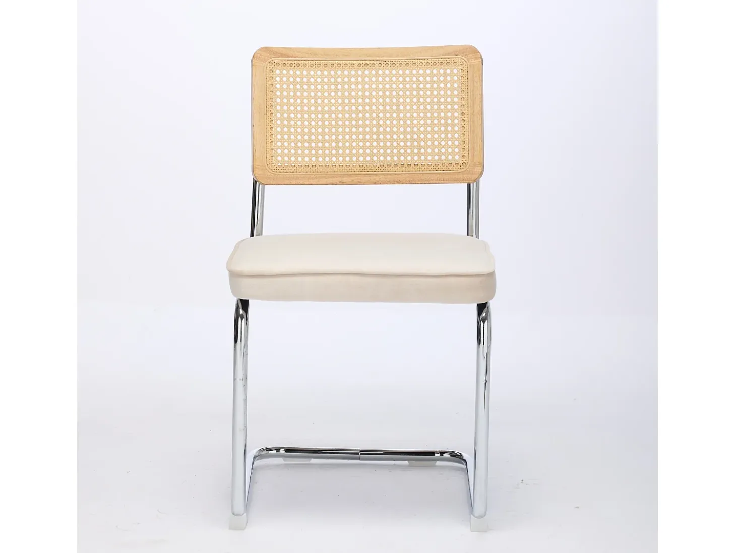 Juego de 2 sillas de comedor – Respaldos de ratán – Asientos tapizados en terciopelo – Beige