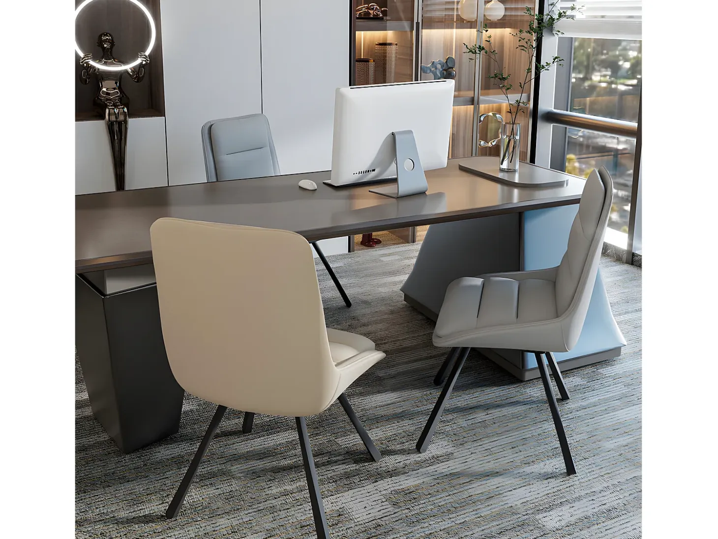 Juego de 2 sillas de comedor FATIVO - Sillón de oficina giratorio en cuero - Silla de salón escandinava acolchada - Gris