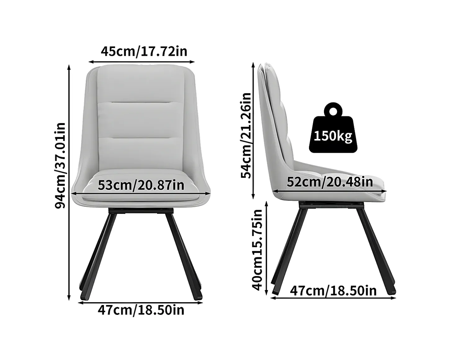 Juego de 2 sillas de comedor FATIVO - Sillón de oficina giratorio en cuero - Silla de salón escandinava acolchada - Gris
