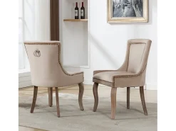 Juego de 2 sillas de comedor de lujo - Terciopelo y madera maciza - Decoración con remaches - Beige