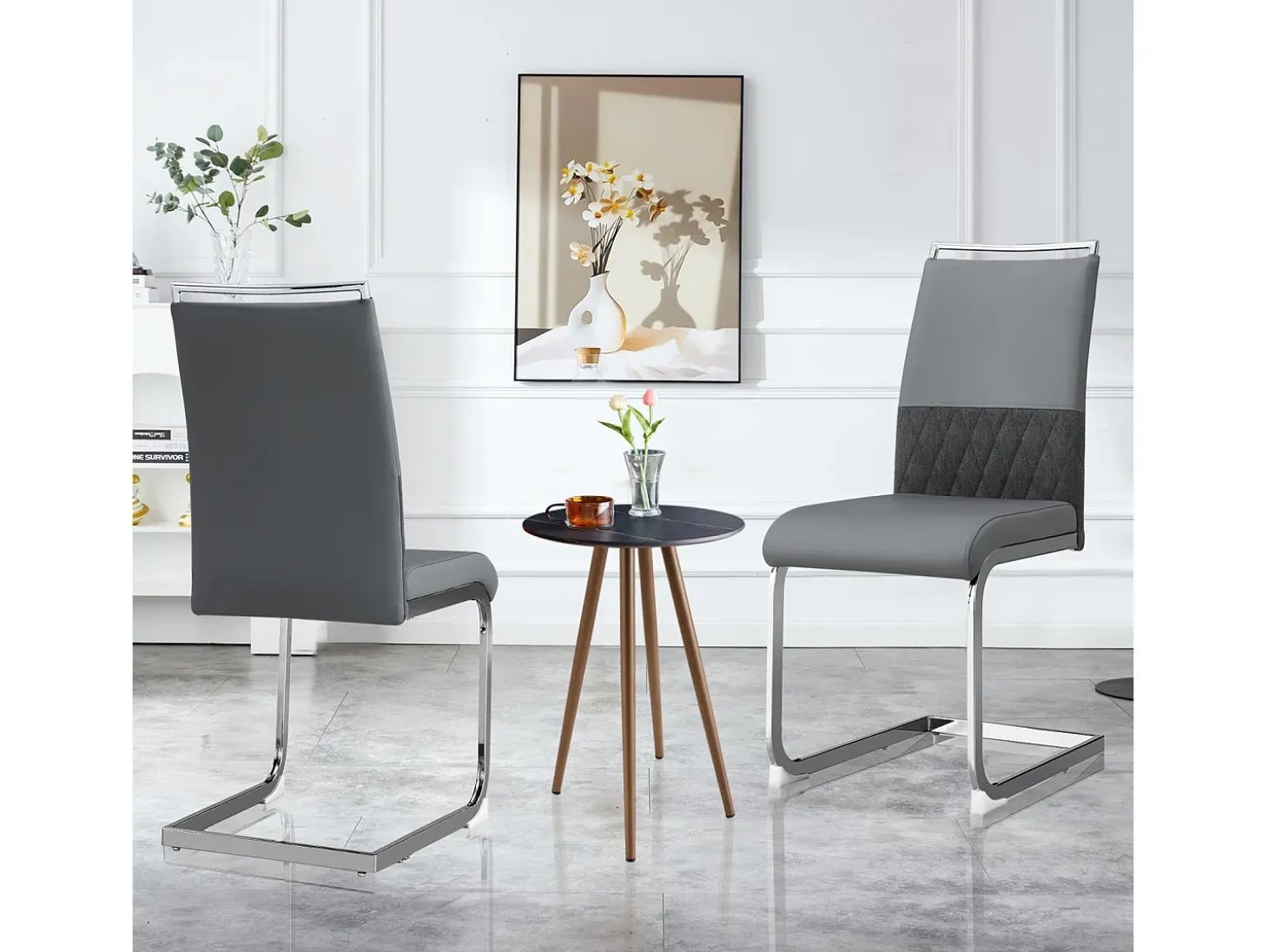 Juego de 6 sillas de comedor modernas, respaldo de piel sintética y lino, respaldo alto tapizado, diseño de rayas horizontales, color gris.