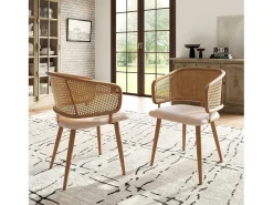 Juego de 4 sillas de comedor con respaldo de ratán y cojines de poliuretano, diseño moderno, metal, beige (47 x 51 x 79 cm)