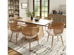 Juego de 4 sillas de comedor con respaldo de ratán y cojines de poliuretano, diseño moderno, metal, beige (47 x 51 x 79 cm)