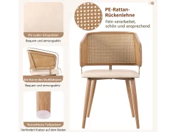 Juego de 4 sillas de comedor con respaldo de ratán y cojines de poliuretano, diseño moderno, metal, beige (47 x 51 x 79 cm)