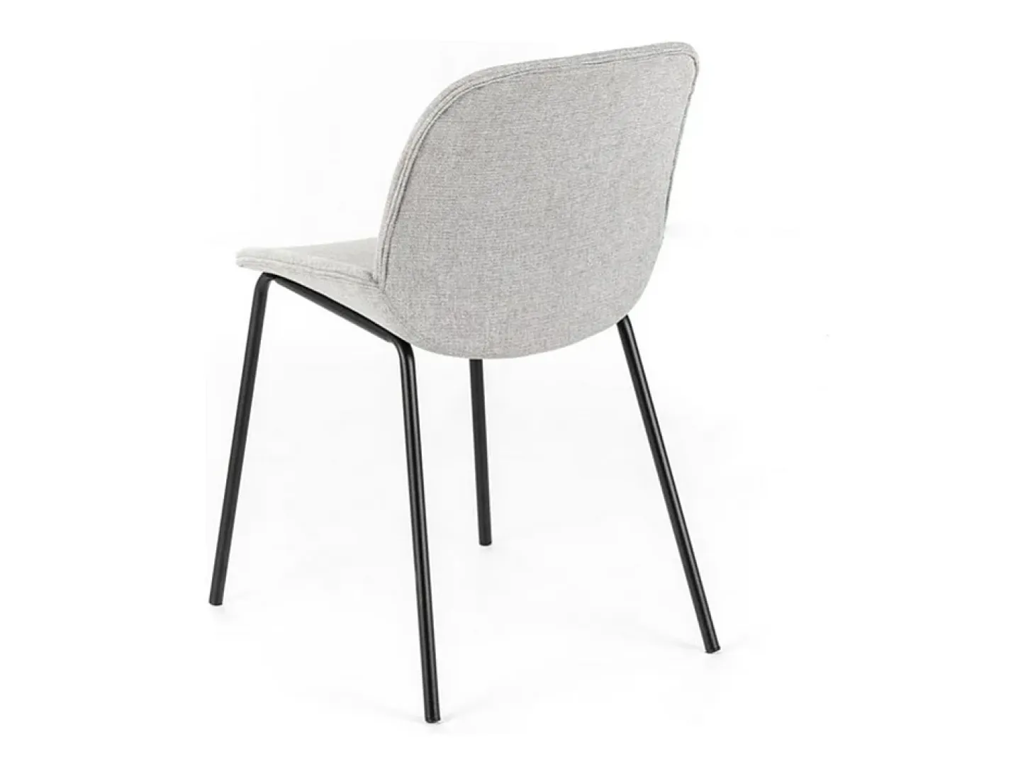 Juego de 4 sillas de comedor "Sami" de tela gris claro con elegantes patas modernas de metal pintado.
