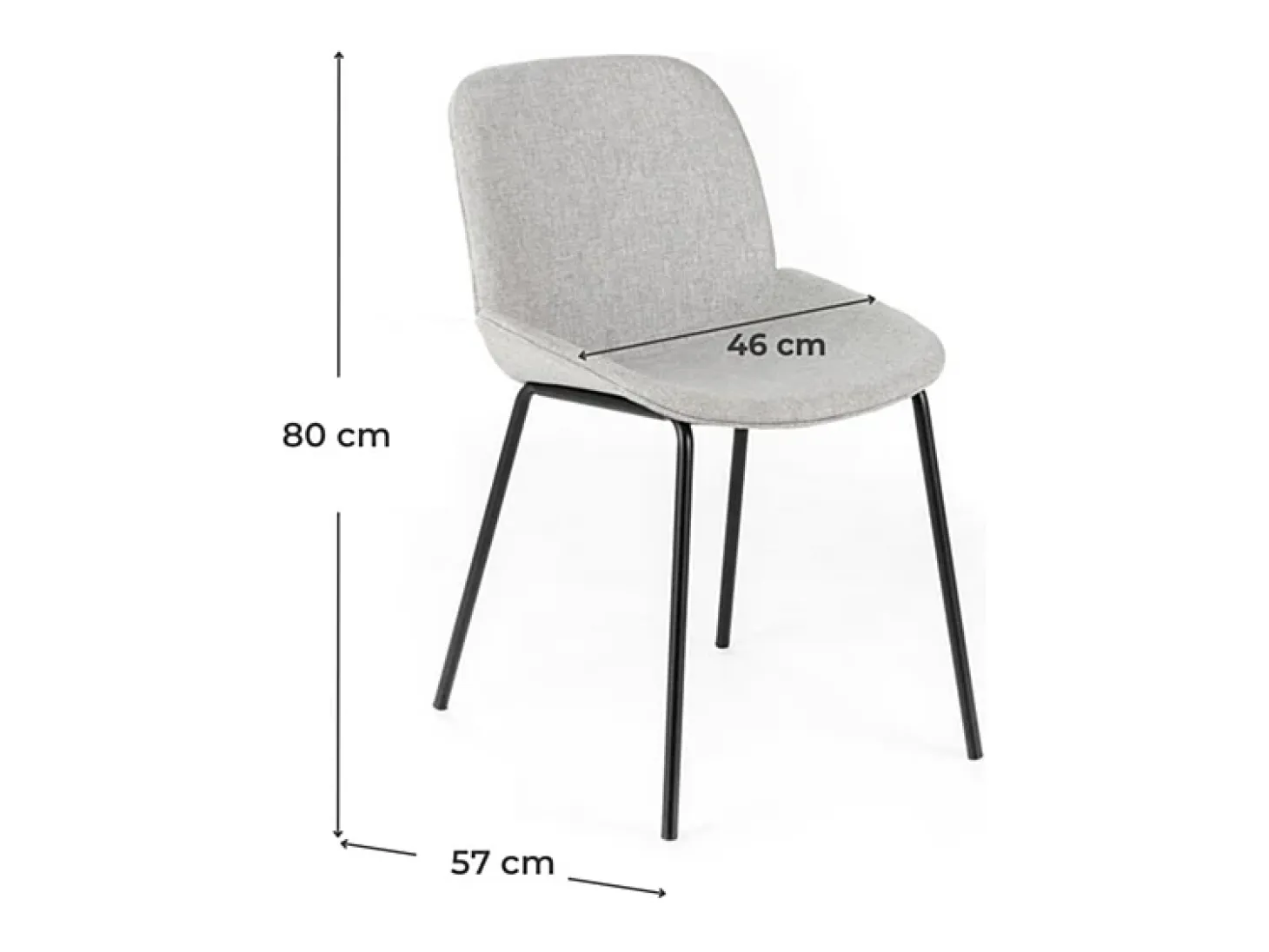 Juego de 4 sillas de comedor "Sami" de tela gris claro con elegantes patas modernas de metal pintado.