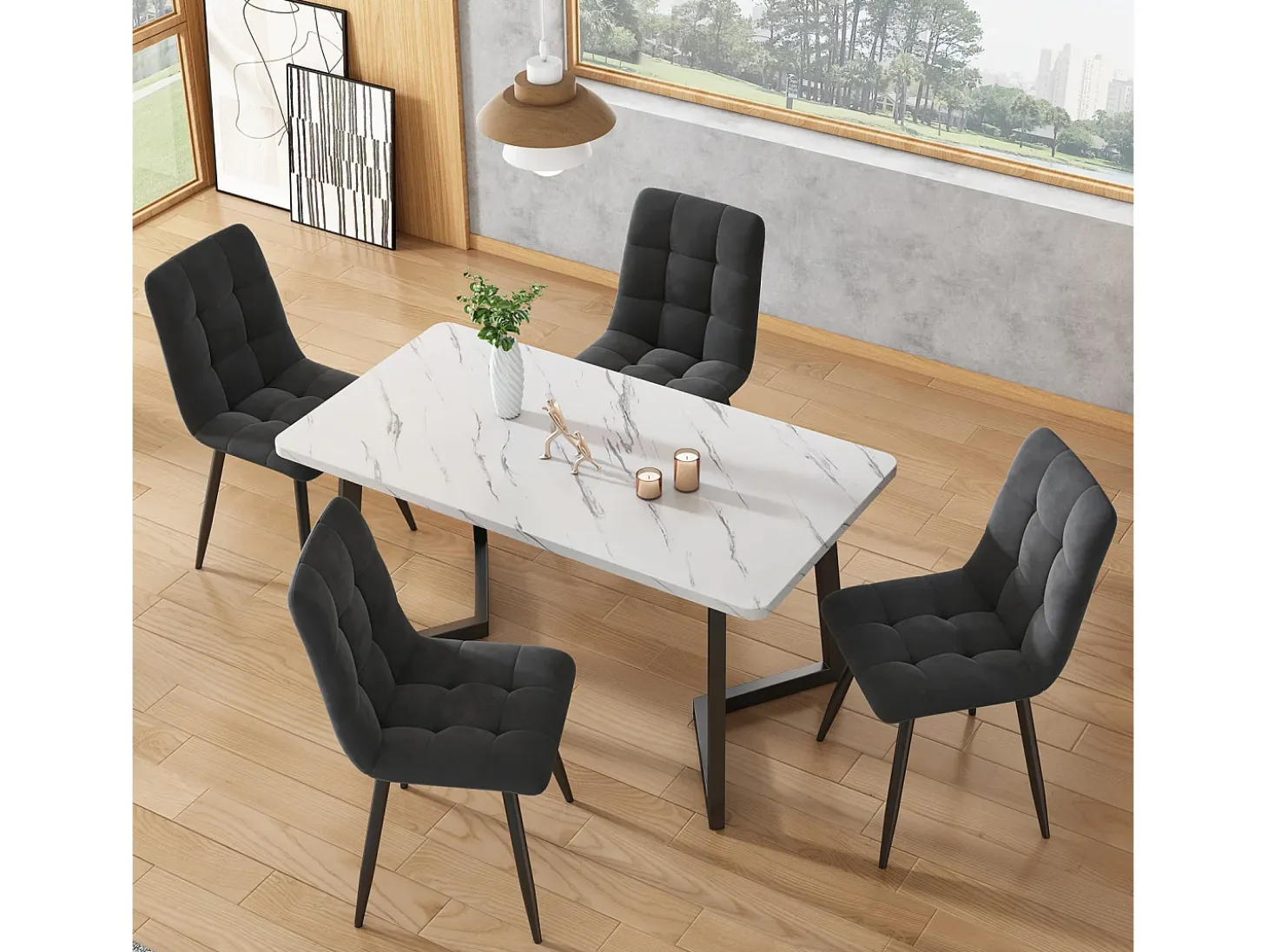 Juego de 4 sillas de comedor con respaldo, estructura de metal, gris, terciopelo