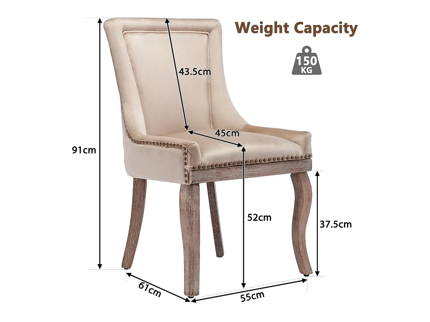 Juego de 4 sillas de comedor - asientos tapizados adornados con tachuelas decorativas y patas de madera maciza - terciopelo beige