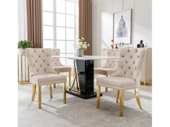 Juego de 4 sillas de comedor - Silla tapizada con tachuelas decorativas y patas de metal dorado - terciopelo beige