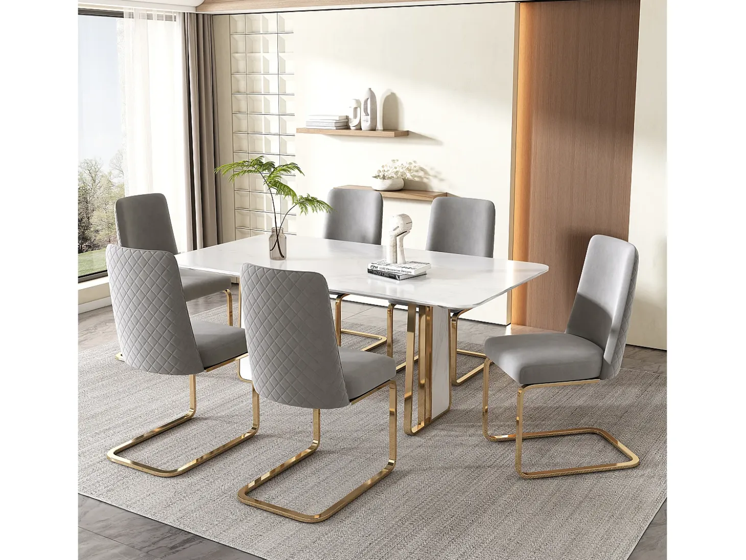 Juego de 6 sillas de comedor de terciopelo, diseño de lujo, respaldo de diamante, patas de metal dorado, gris (47 x 47 x 90 cm)