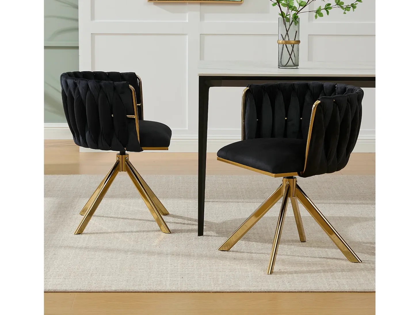 Juego de 2 sillas de comedor de terciopelo negro con función giratoria y patas de metal dorado