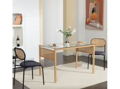 Juego de 2 sillas de comedor tapizadas con respaldo de ratán, estructura de metal, color negro