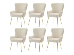 Juego de 6 sillas de comedor de terciopelo beige con reposabrazos, patas de metal dorado, soporte lumbar y patas ajustables (69 x 58,5 x 56 cm)