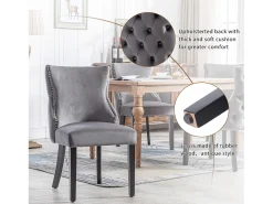 Juego de 2 sillas de comedor, terciopelo gris, con costuras de botones, estructura de madera maciza