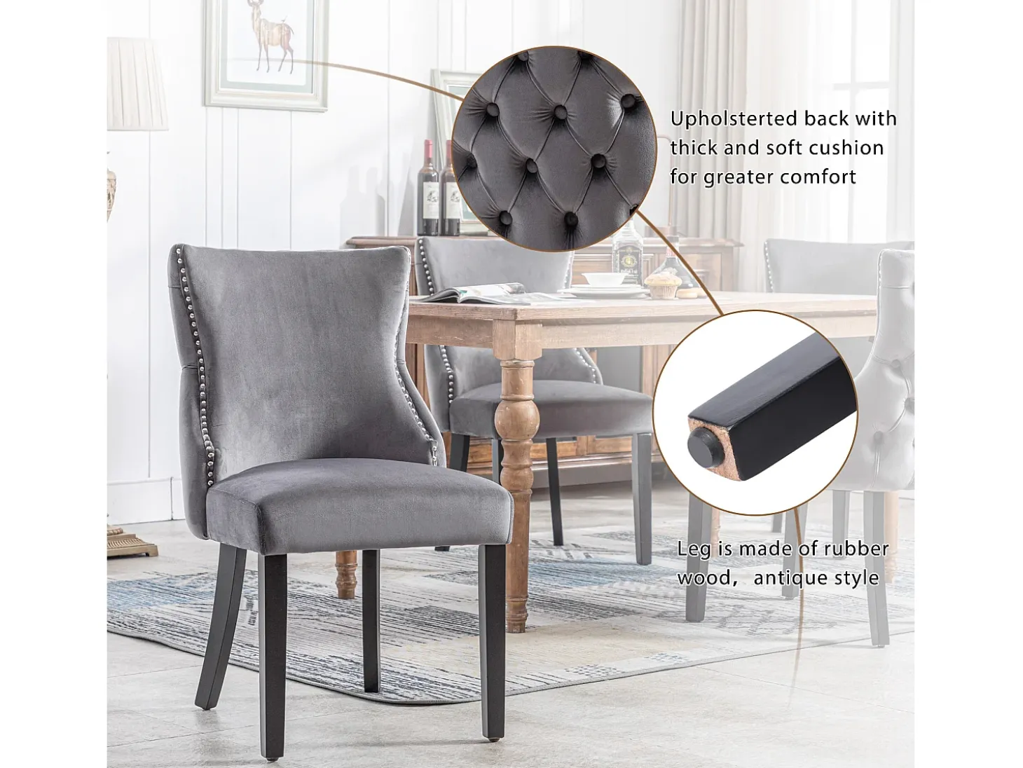 Juego de 2 sillas de comedor, terciopelo gris, con costuras de botones, estructura de madera maciza