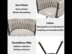 Juego de 2 sillas de comedor giratorias con reposabrazos - 59 x 54 x 72 cm - Tejido de lino - Beige + Negro