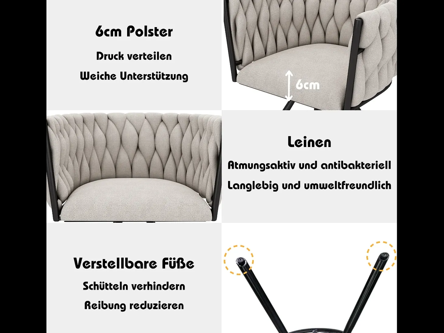 Juego de 2 sillas de comedor giratorias con reposabrazos - 59 x 54 x 72 cm - Tejido de lino - Beige + Negro