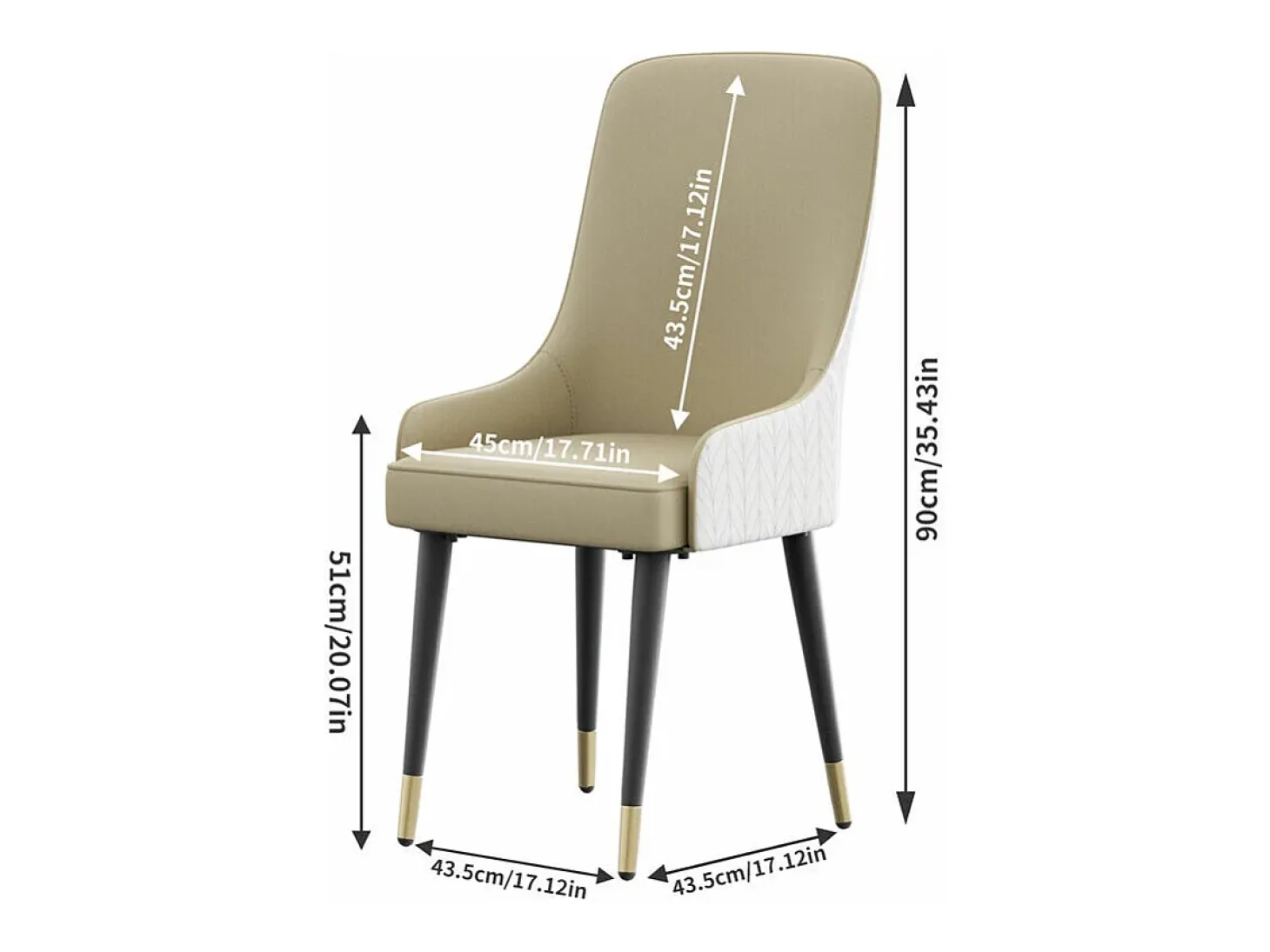Juego de 2 sillas de comedor beige de cocina en cuero, capacidad de carga 150 kg, 43.5x43.5x90cm