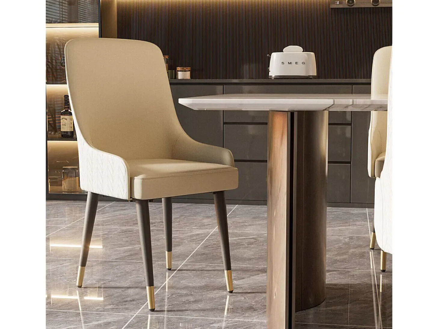 Juego de 2 sillas de comedor beige de cocina en cuero, capacidad de carga 150 kg, 43.5x43.5x90cm
