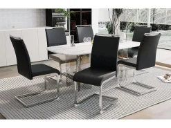 Juego de 6 sillas de comedor modernas, respaldo de piel sintética y lino, respaldo alto tapizado, diseño de rayas horizontales, color negro.