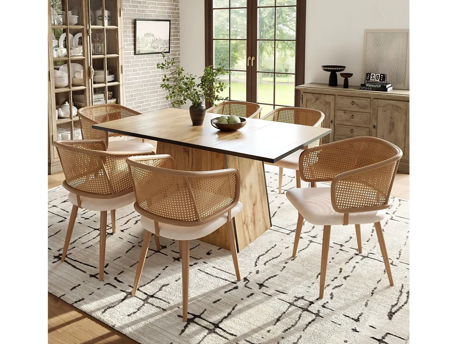 Juego de 4 sillas de comedor de polipiel y terciopelo con patas de metal efecto madera – beige/marrón