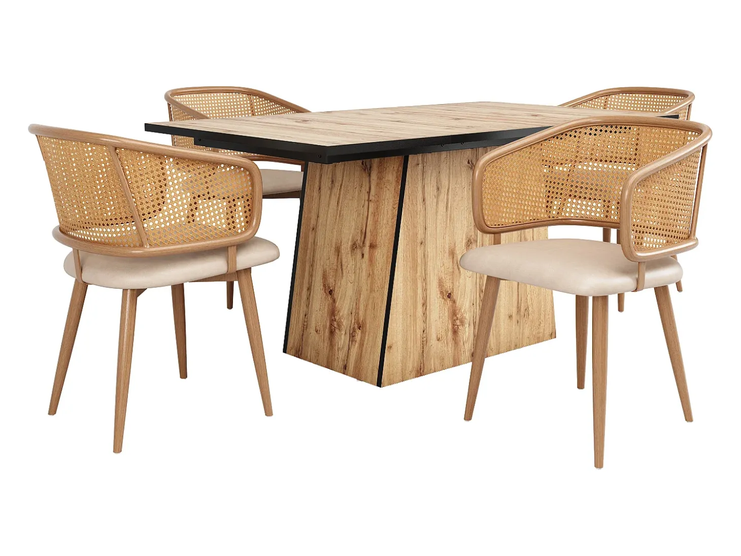 Juego de 4 sillas de comedor de polipiel y terciopelo con patas de metal efecto madera – beige/marrón