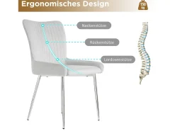 Juego de 2 sillas de comedor de terciopelo, diseño de lujo, con soporte lumbar y patas de metal plateado, color gris.